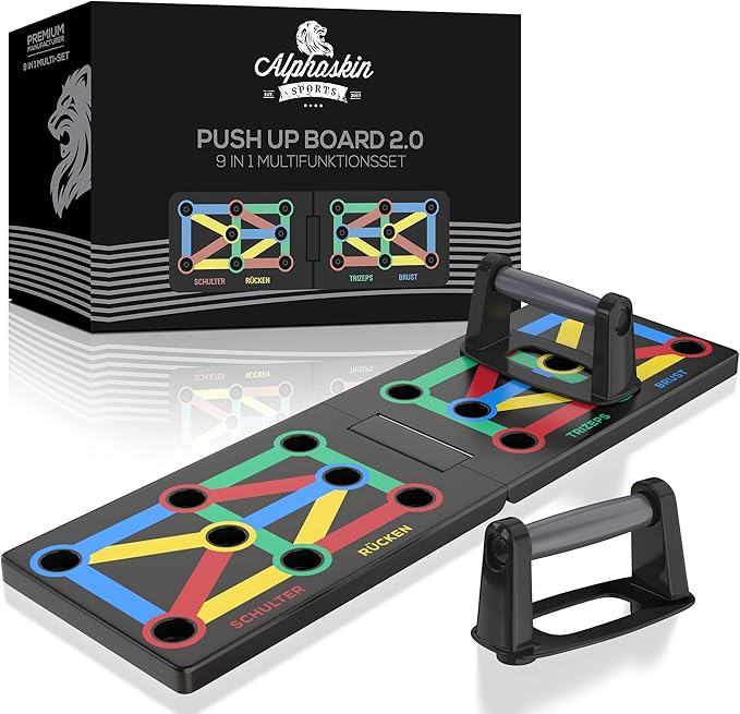 ALPHASKIN Premium Liegestützbrett Set I Verbessertes Konzept 2023 I Liegestützgriffe Homeworkout I 9 in 1 Push Up Bar I Homegym I Fitnessgeräte für Zuhause