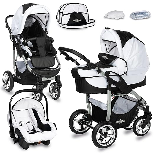 Bergsteiger Kinderwagen Babywagen Capri 3in1 | Kombikinderwagen Komplettset inkl. Zubehör - Babyschale, Buggy-Aufsatz, Sonnenschutz & Wetterfußsack
