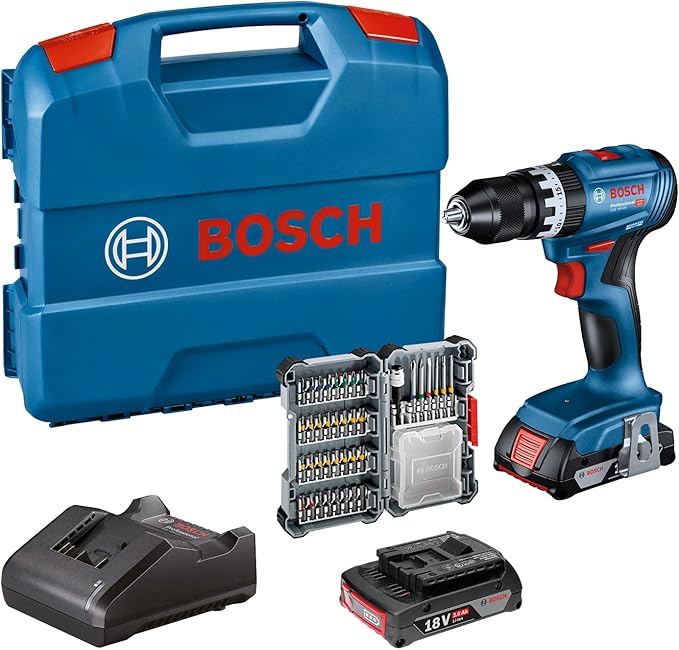 Bosch Professional 18V System Akku Schlagbohrschrauber GSB 18V-45 (Drehzahl 1.900 min⁻¹, inkl. 2x 2.0Ah Akku, Zubehöre, GAL 18V-20, L-Case) – Amazon Exclusive Set