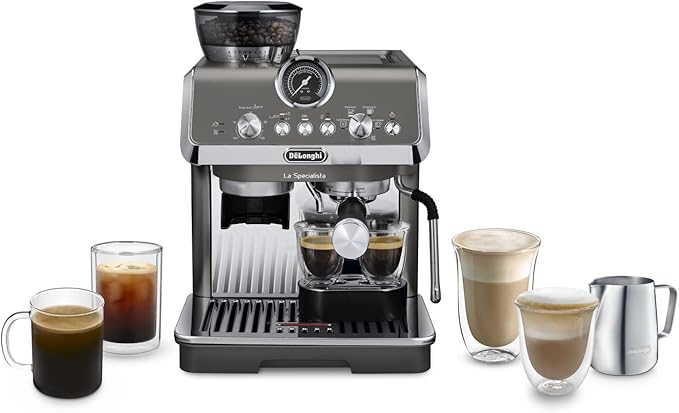 De'Longhi La Specialista Arte Evo EC9255.T Siebträgermaschine, Espressomaschine mit Mahlwerk, Cold Brew-Funktion, 8 Mahlgrade, 15 Bar, 3 Temperaturen, Milchschaumdüse, Titan inkl. Barista-Kit