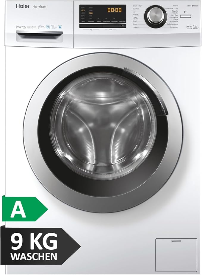 Haier SERIE 636 HW90-BP14636N I Frontlader Waschmaschine 9kg I Washing Machine mit A-Effizienz, 1.400 U/Min. & sparsamem Inverter-Motor I Inkl. Vollwasserschutz, Dampffunktion & Mengenautomatik
