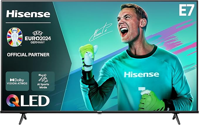 Hisense 75E7NQ 189 cm (75 Zoll) Fernseher, 4K UHD, QLED, HDR10, HDR10+ decoding, HLG, Dolby Vision Atmos, 60Hz Panel, Smooth Motion, Bluetooth, Alexa Built-in, VIDAA Voice, Schwarz 2024