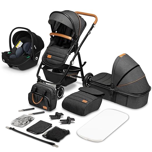 LIONELO Amber Kinderwagen 3 in 1 Kombikinderwagen Set sportlicher Sitz fester Babywanne Autositz Tasche Moskitonetz Regenschutz XXL-Dach mit Sonnenschutz (GRAU GRAFIT)