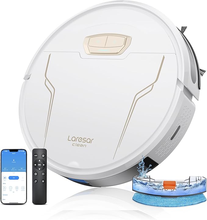Laresar Clean Saugroboter, 4000Pa Saugroboter mit Wischfunktion, 3-in-1 Staubsauger Roboter 150 Min. Laufzeit, mit App-Steuerung und WLAN,Ideal für Hartböden, Teppiche & Tierhaare