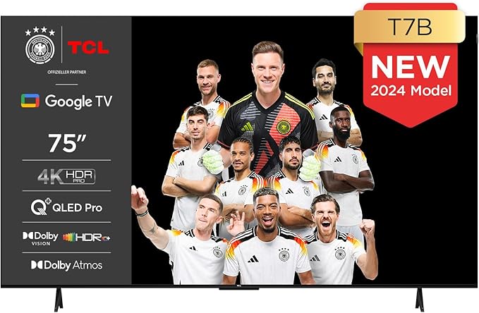TCL 75T7B 75-Zoll QLED Pro Fernseher, 4K Ultra HD, HDR Pro, Smart TV Unterstützt von Google TV (Dolby & Atmos, Motion Clarity, Freihändige Sprachsteuerung, Kompatibel mit Google Assistant & Alexa)