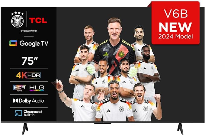 TCL 75V6B 75 Zoll, 4K Ultra HD, HDR TV, Smart TV unterstützt von Google TV (Dolby Audio, Motion Clarity, Sprachsteuerung, Kompatibel mit Google Assistant, Chromecast eingebaut
