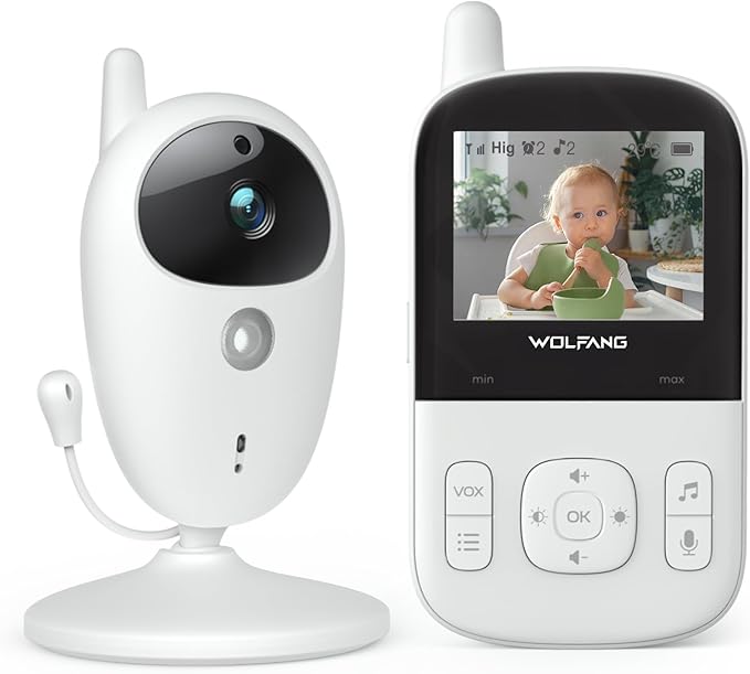 WOLFANG Babyphone mit Kamera und Audio, 2.4 Zoll Video Baby Monitor Bildschirm, ECO Modus Nachtsicht Temperatursensor Schlaflieder Lange Akkulaufzeit